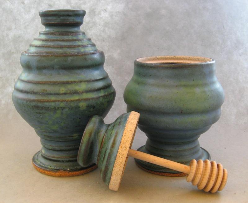 pottery honey pot in green glaze