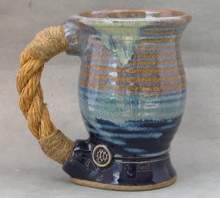 rope handle mug in northern lights glaze blue pottery mug