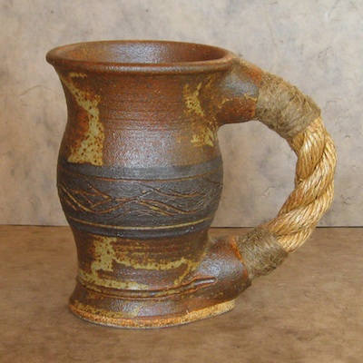 rope handle mug brown black band handmade pottery
